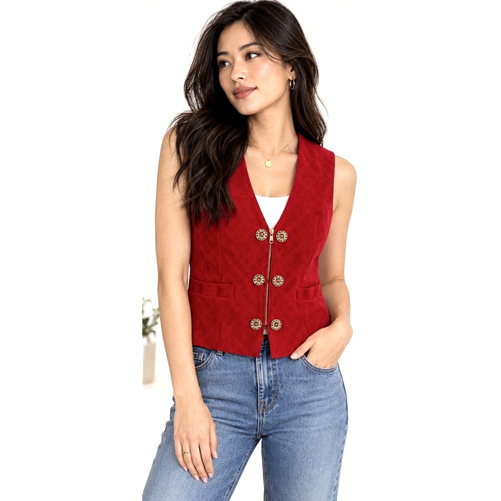 NEW! Vintage Cedars 100% Suede Leather Zip Vest Button Detail Red SZ S